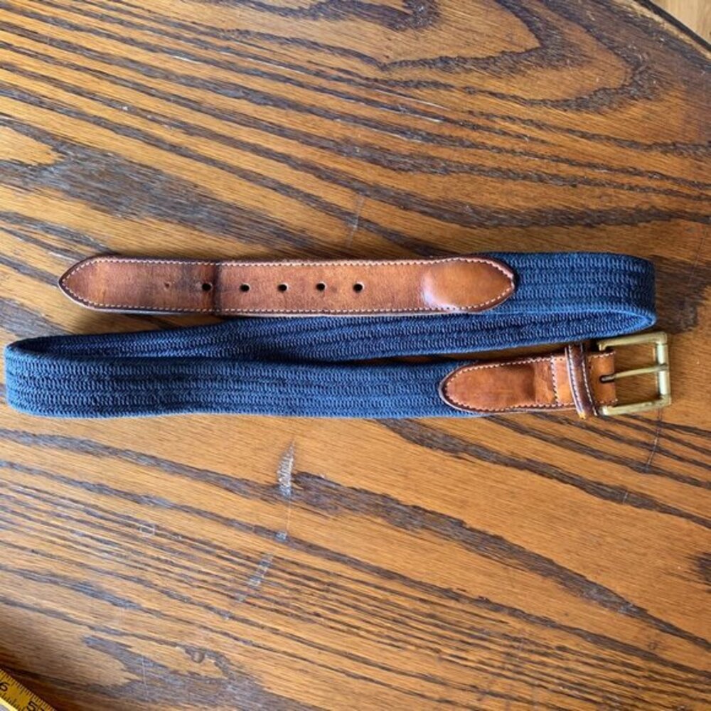 VTG Trafalgar 34 Belt Stretch Navy Blue Brown Leather Brass Buckle Preppy Classy
